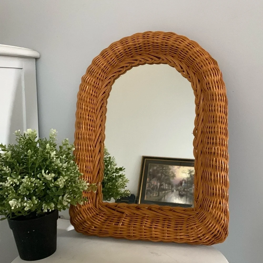 Bohemian Wicker Arch‎ Mirror wall decor tan rattan traditional kids home decor